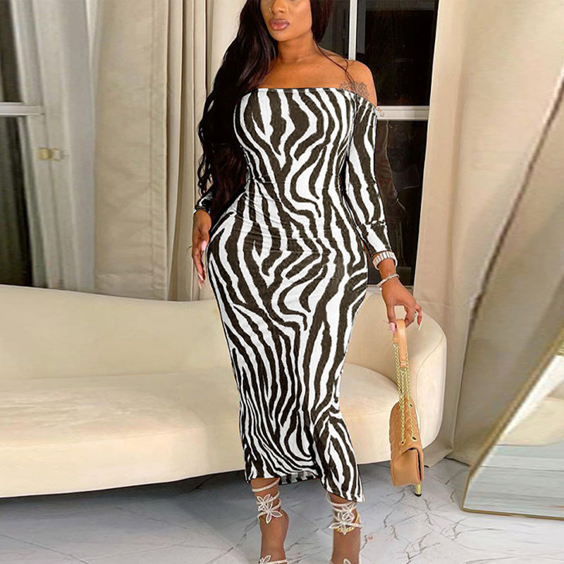 Zebra Print Off Shoulder Long Sleeve Midi Dress