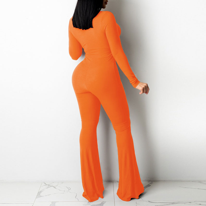 Solid V-Neck Long Sleeve Cut Out Bell Bottomed Jumpsuit