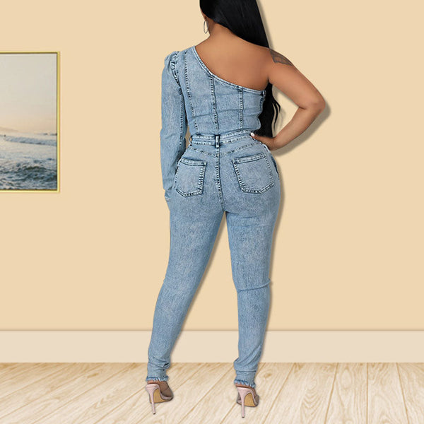 Solid One Shoulder Long Sleeve Denim Jumpsuit