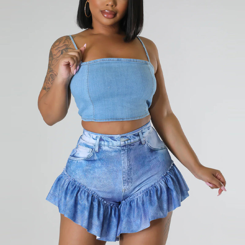 Solid High Waist Ruffle Hem Shorts