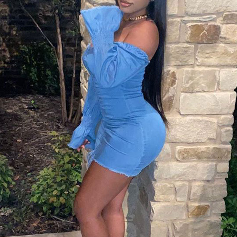 Solid Off Shoulder Puff Sleeve Denim Mini Dress