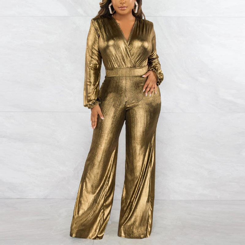 Solid V-Neck Long Sleeve Wide Leg Jumpsuit