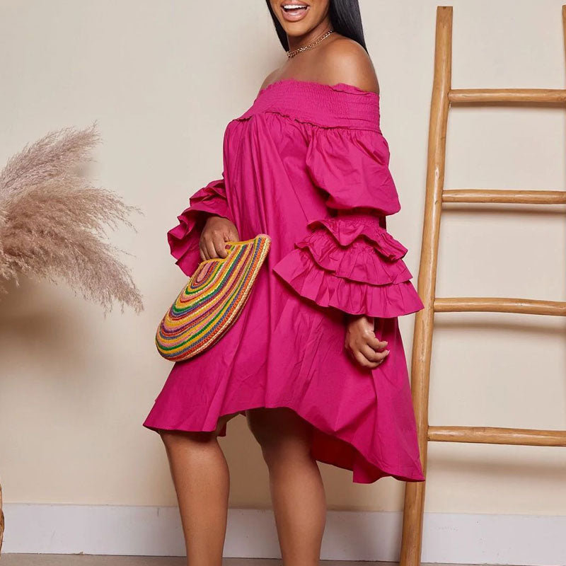 Solid Off Shoulder Ruffle Sleeve Loose Dress