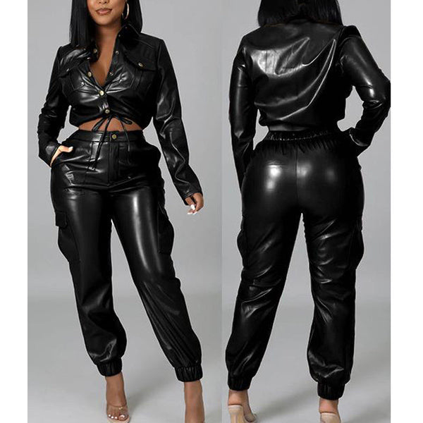 Solid PU Leather 2PCS Pants Set