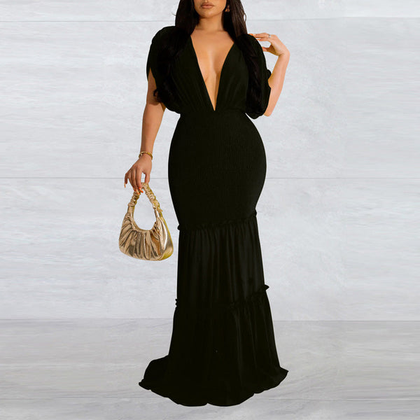 Solid Deep V-Neck Maxi Dress