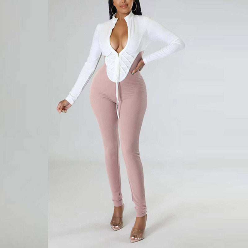 Colorblock Long Sleeve Zipper Design Jumpsuit