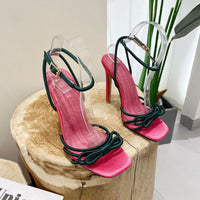 Bow Tie Square Toe Ankle Strap Thin Heeled Sandals