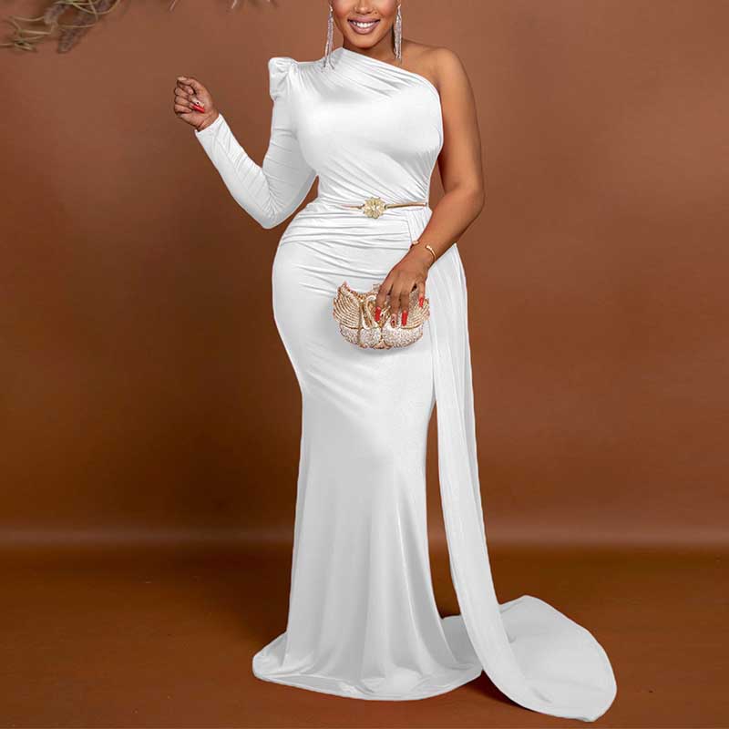 Solid One Shoulder Train Evening Dress