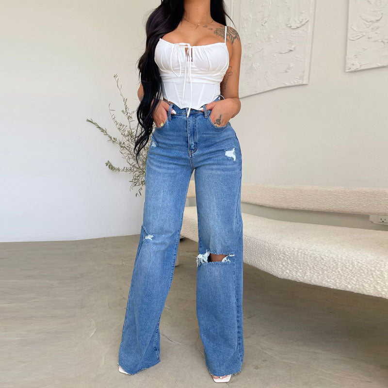 Solid High Waist Cut Out Wide Leg Denim Pants