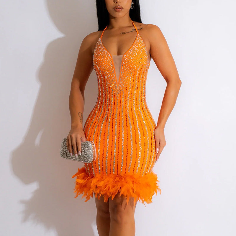 Rhinestone Halter Feather Design Bodycon Dress