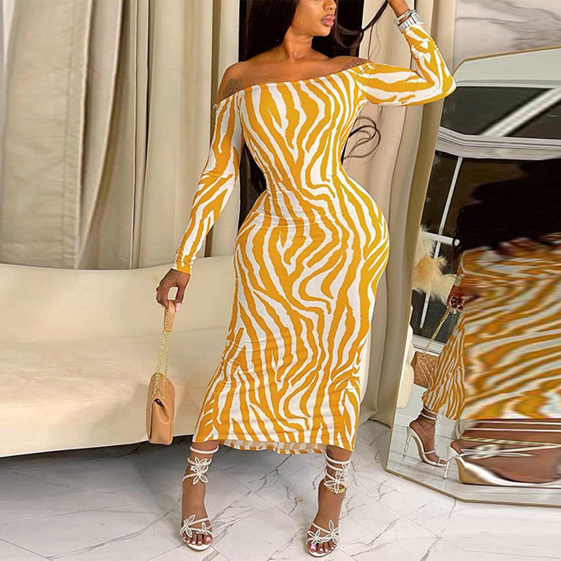 Zebra Print Off Shoulder Long Sleeve Midi Dress