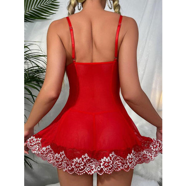 Floral Pattern Bowknot Decoration Sheer Mesh Babydoll