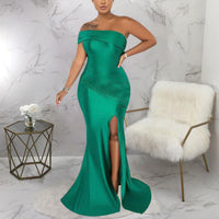 Solid Oblique Shoulder High Slit Maxi Dress