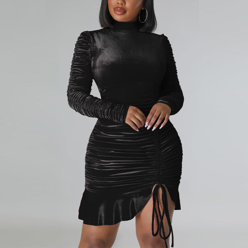 Velvet Turtleneck Long Sleeve Ruched Bodycon Dress