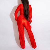 Solid Deep V-Neck Long Sleeve Belted Jumpsuit