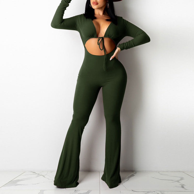 Solid V-Neck Long Sleeve Cut Out Bell Bottomed Jumpsuit