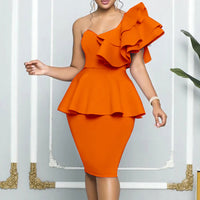 Solid One Shoulder Ruffle Design Bodycon Dress