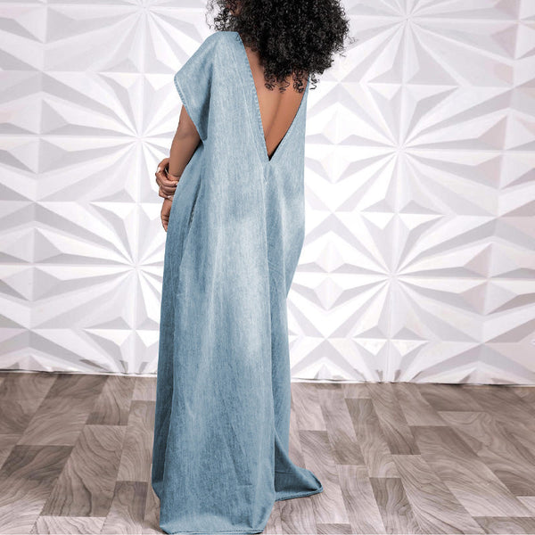 Denim Back V-Shaped Short Sleeve Maxi Dress