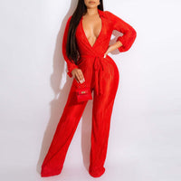 Solid Deep V-Neck Long Sleeve Belted Jumpsuit