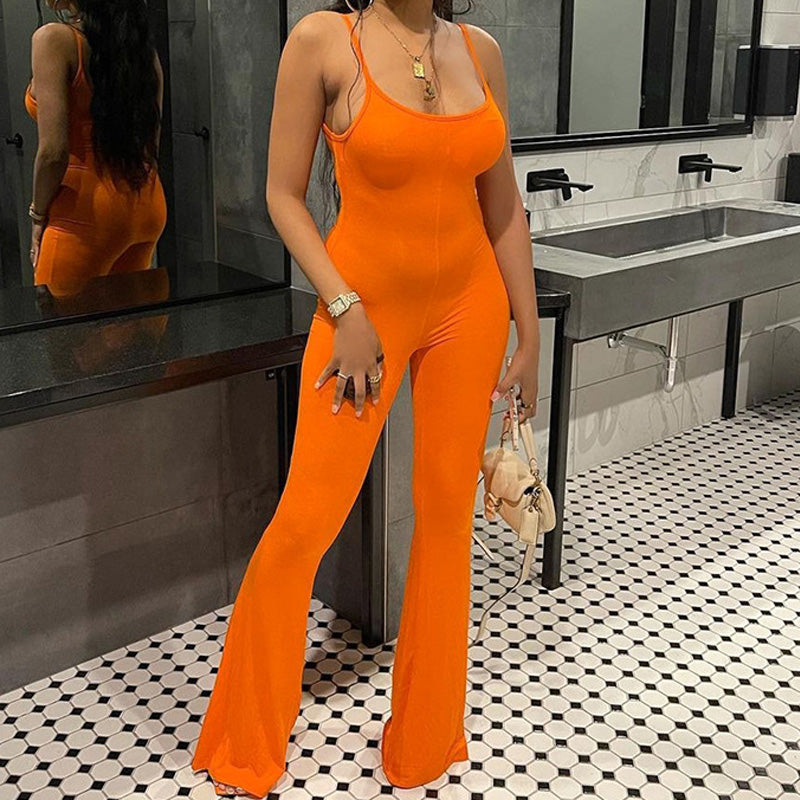 Solid U Neck Spaghetti Strap Jumpsuit