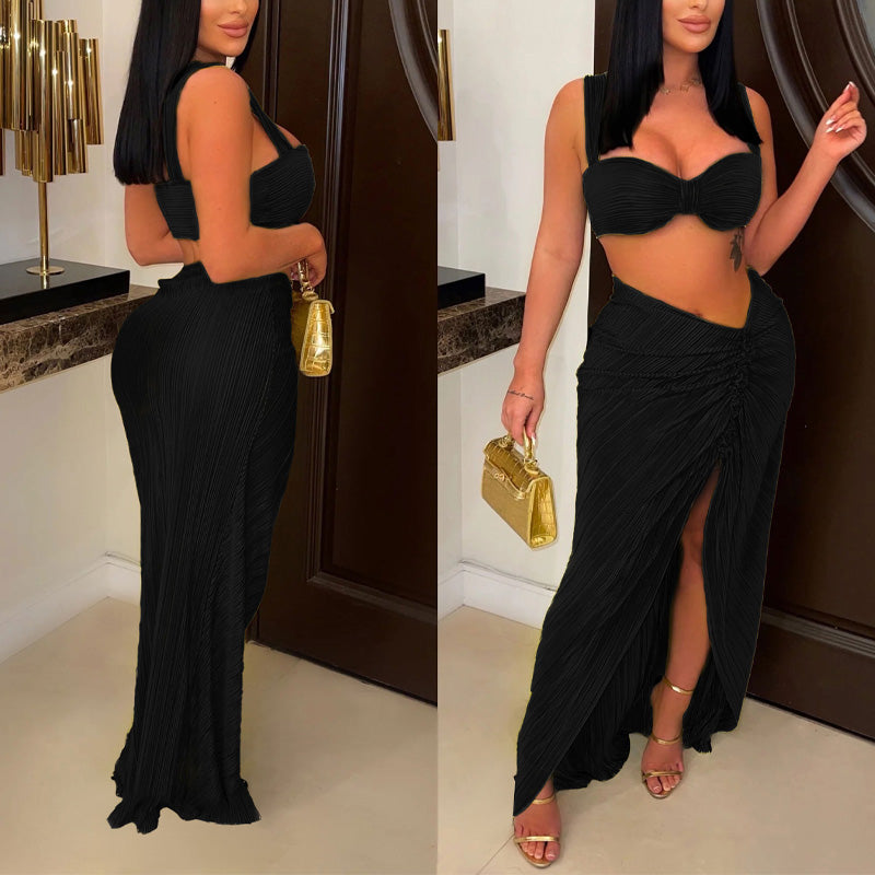 Solid Textured High Slit 2PCS Skirt Set