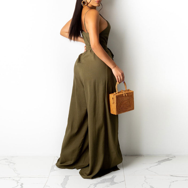 Solid V-Neck High Slit Wide Leg Jumpsuit