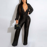 Solid Deep V-Neck Long Sleeve Belted Jumpsuit