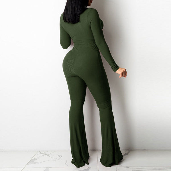 Solid V-Neck Long Sleeve Cut Out Bell Bottomed Jumpsuit