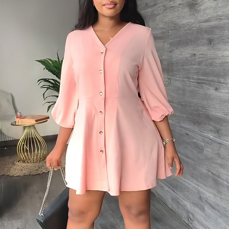 Solid V-Neck Button Detailed Shirt Dress