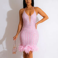 Rhinestone Halter Feather Design Bodycon Dress