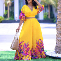 Floral Print V-Neck Crop Top & Pleated Wide Leg Pants Set