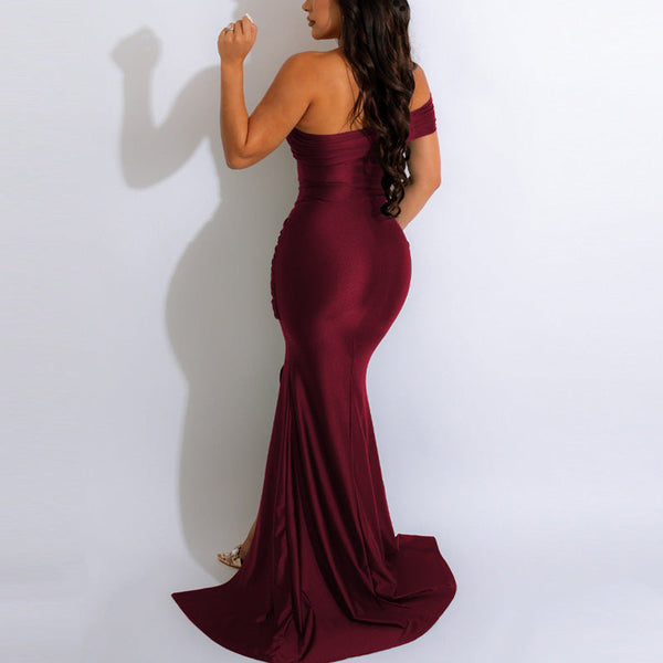 Solid Onblique Shoulder High Slit Maxi Dress