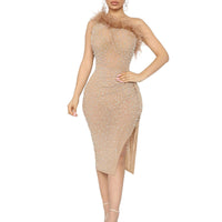 Beaded Oblique Shoulder Feather Design Slit Midi Dress