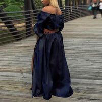 Solid Off Shoulder Long Sleeve High Slit Maxi Dress