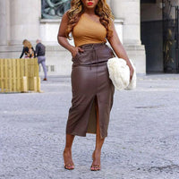 Solid Bandage PU Leather Slit Skirt