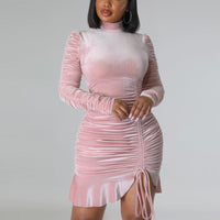 Velvet Turtleneck Long Sleeve Ruched Bodycon Dress