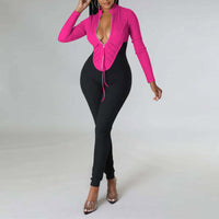 Colorblock Long Sleeve Zipper Design Jumpsuit