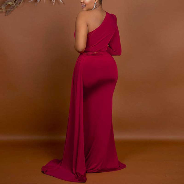 Solid One Shoulder Train Evening Dress