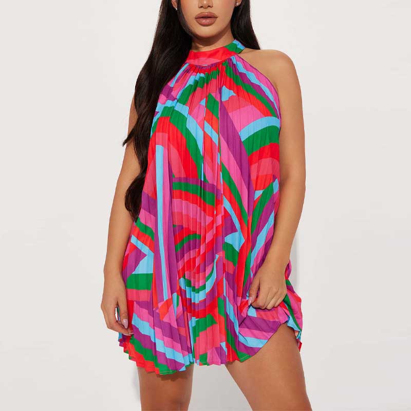 Print Halter Sleeveless Pleated Mini Dress