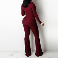 Solid V-Neck Long Sleeve Cut Out Bell Bottomed Jumpsuit