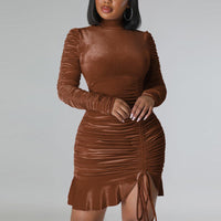 Velvet Turtleneck Long Sleeve Ruched Bodycon Dress