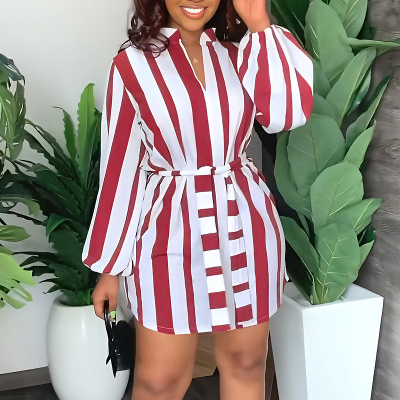 Striped Pattern Long Sleeve Belted Shirt Dress