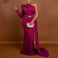 Solid One Shoulder Train Evening Dress