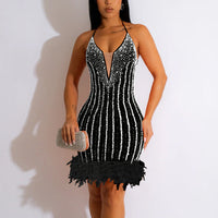 Rhinestone Halter Feather Design Bodycon Dress