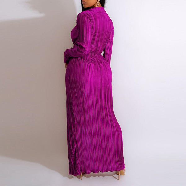 Solid Long Sleeve Deep V-Neck High Slit Pleated Maxi Dress