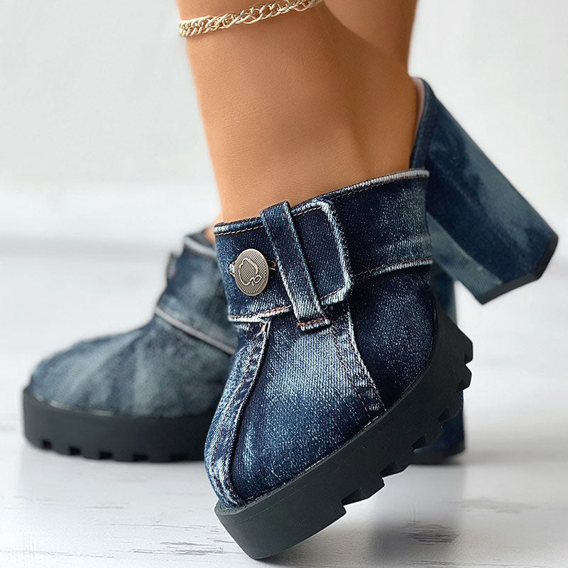 Button Decoration Denim Chunky Heeled Pumps