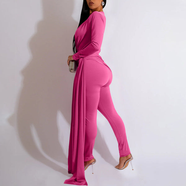 Solid Long Sleeve Deep V-Neck Train Jumpsuit