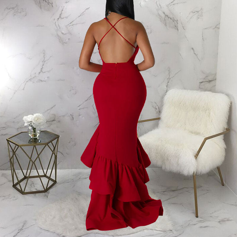 Solid Sleeveless Deep V-Neck High Slit Ruffle Design Maxi Dress