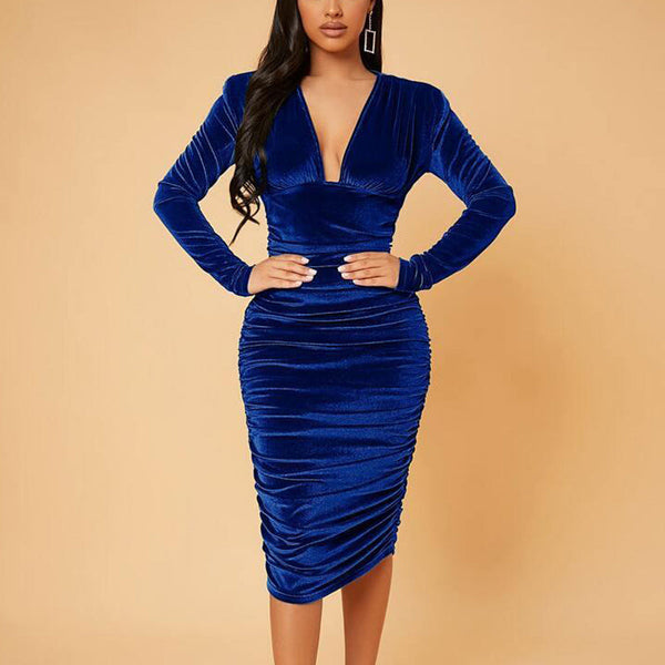 Velvet Deep V-Neck Long Sleeve Ruched Dress