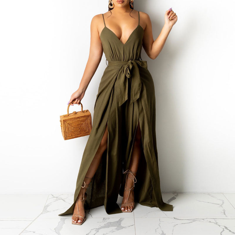 Solid V-Neck High Slit Wide Leg Jumpsuit